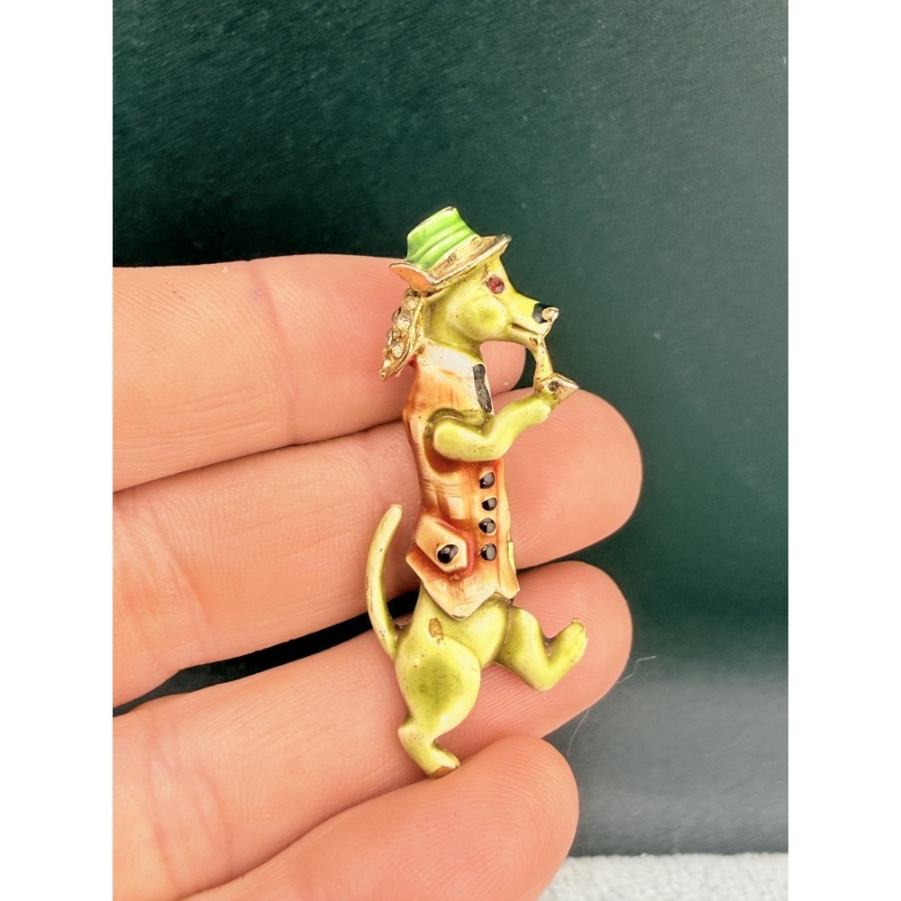Vintage HAR Dog Brooch‎ Anthropomorphic Rhinestone Gold Tone Signed CFW